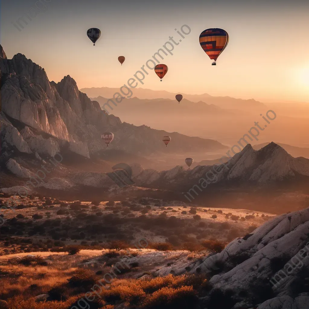 Hot air balloons ascending over a rugged mountain range at sunset - Image 2