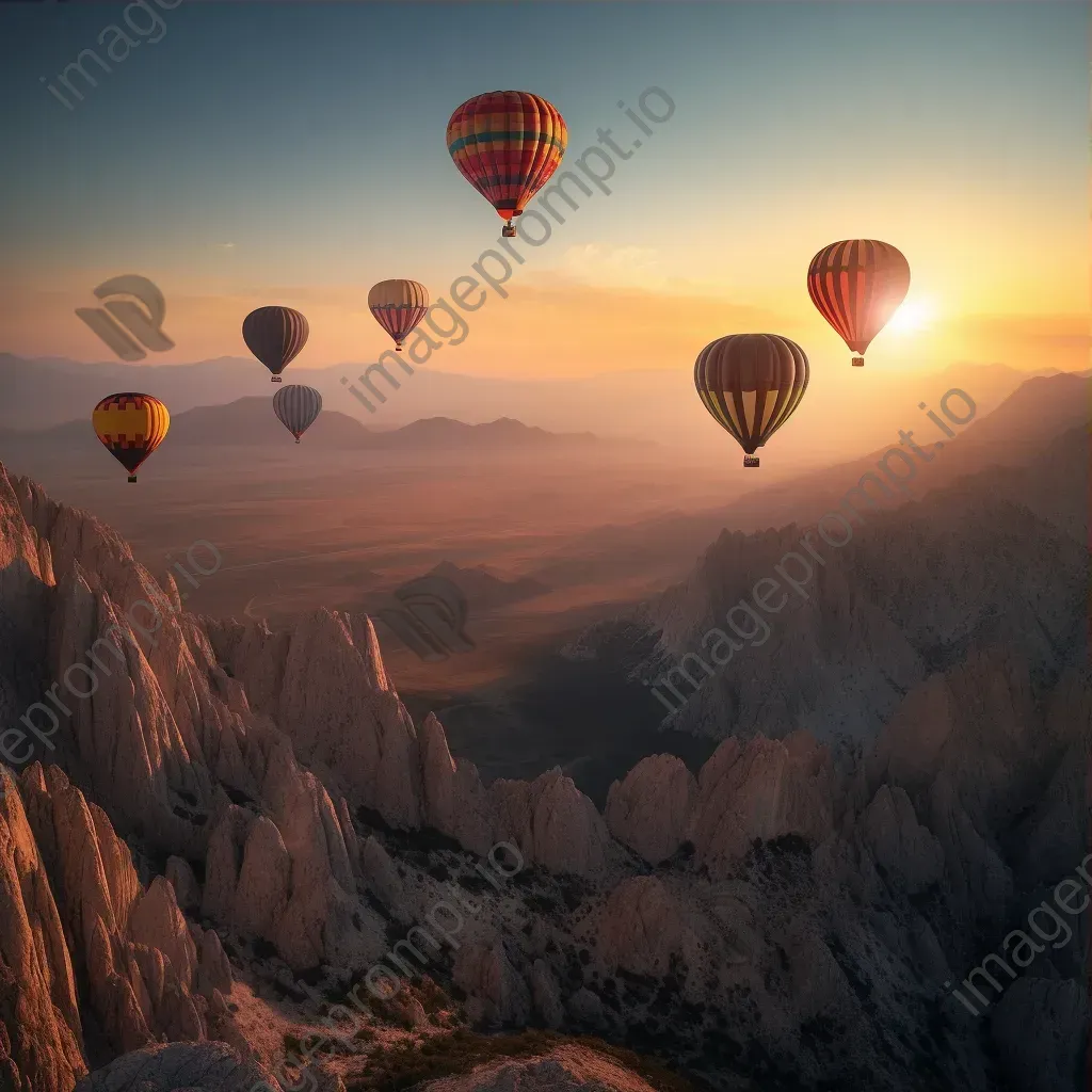 Hot air balloons ascending over a rugged mountain range at sunset - Image 3