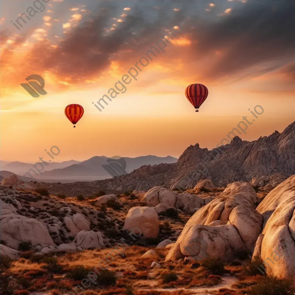 Hot air balloons ascending over a rugged mountain range at sunset - Image 4