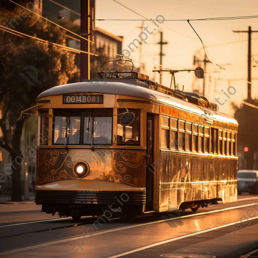 Close-up of a vintage tram against a beautiful sunset backdrop. - Image 1