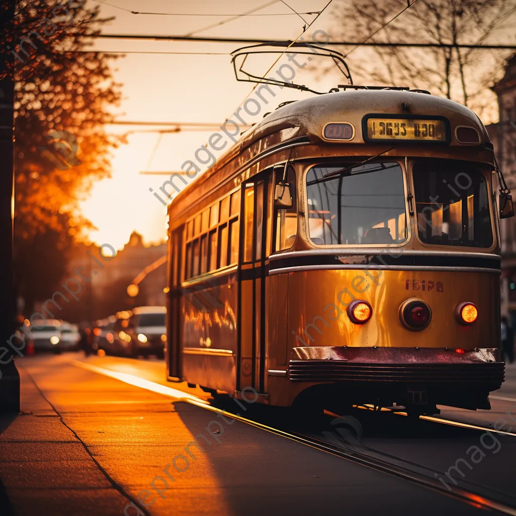 Close-up of a vintage tram against a beautiful sunset backdrop. - Image 2