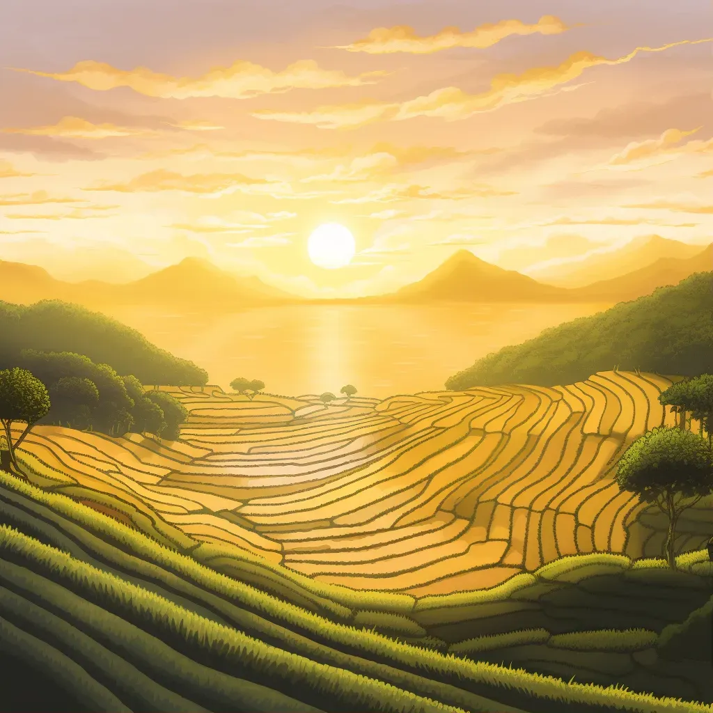 Terraced rice fields under a golden sunrise - Image 1