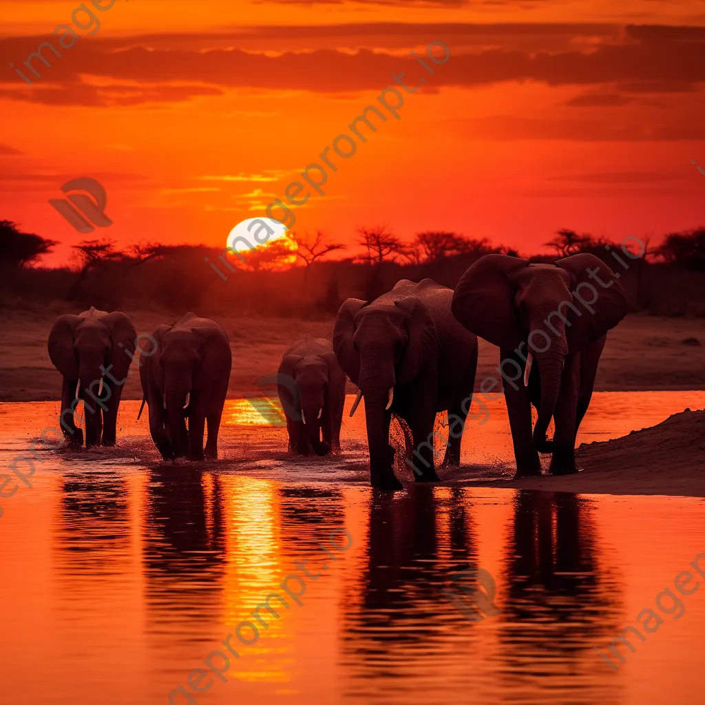 Herd of elephants crossing a river at sunset. - Image 1