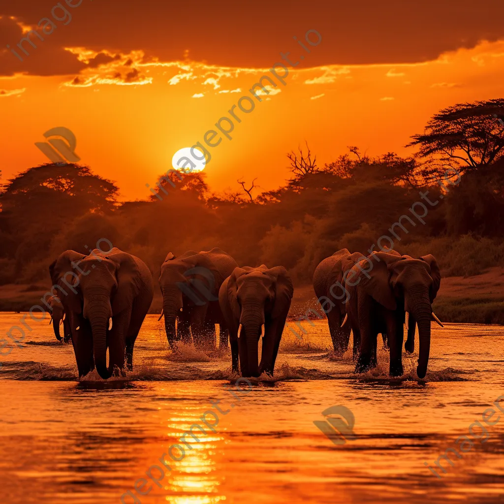 Herd of elephants crossing a river at sunset. - Image 3