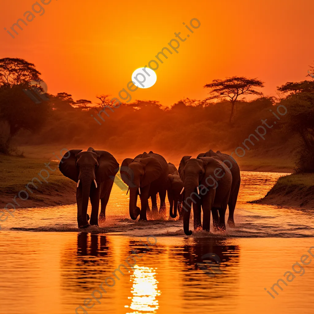 Herd of elephants crossing a river at sunset. - Image 4