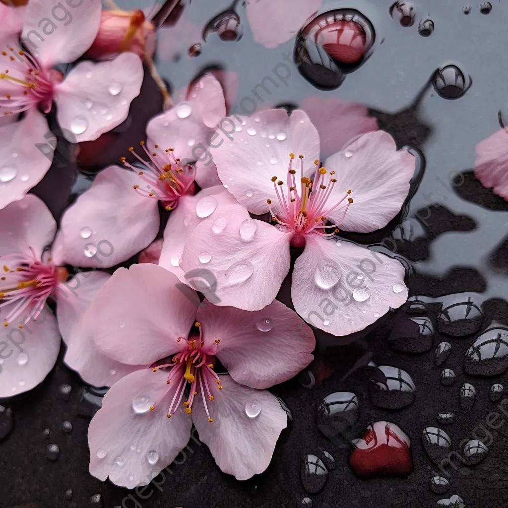 Close-up of cherry blossom petals with raindrops - Image 1