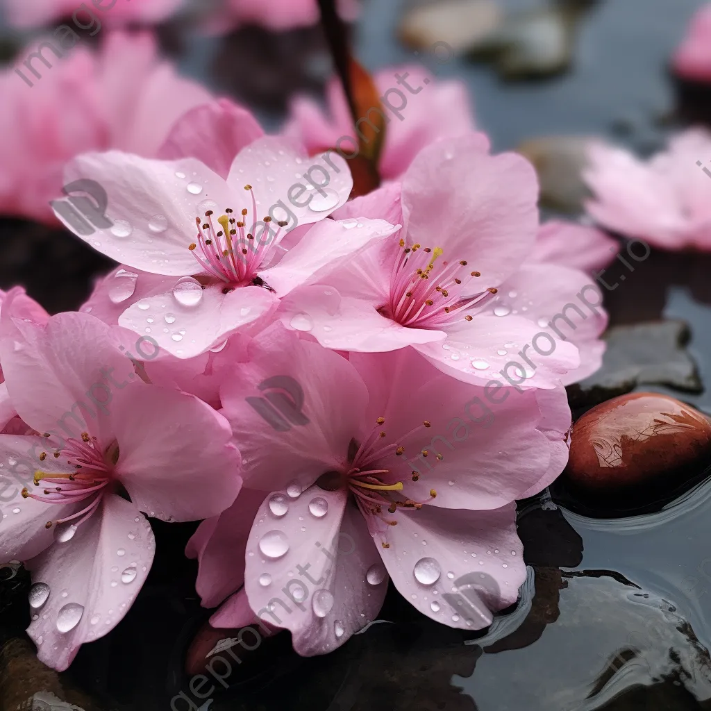 Close-up of cherry blossom petals with raindrops - Image 2