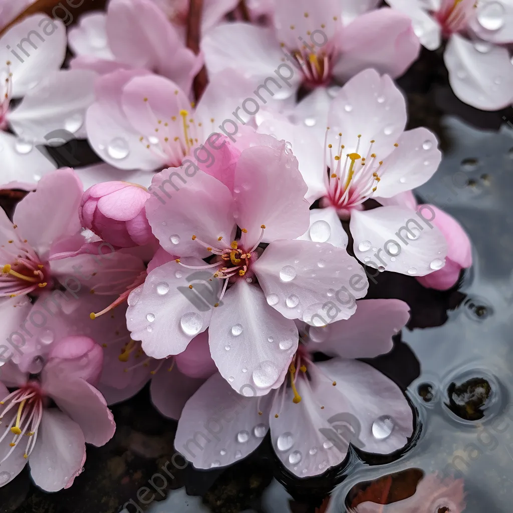 Close-up of cherry blossom petals with raindrops - Image 4