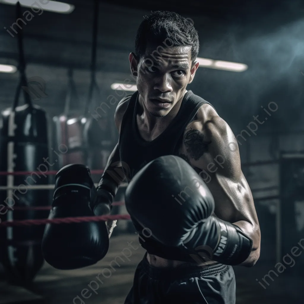 Boxer training with punching bag in gritty gym. - Image 1