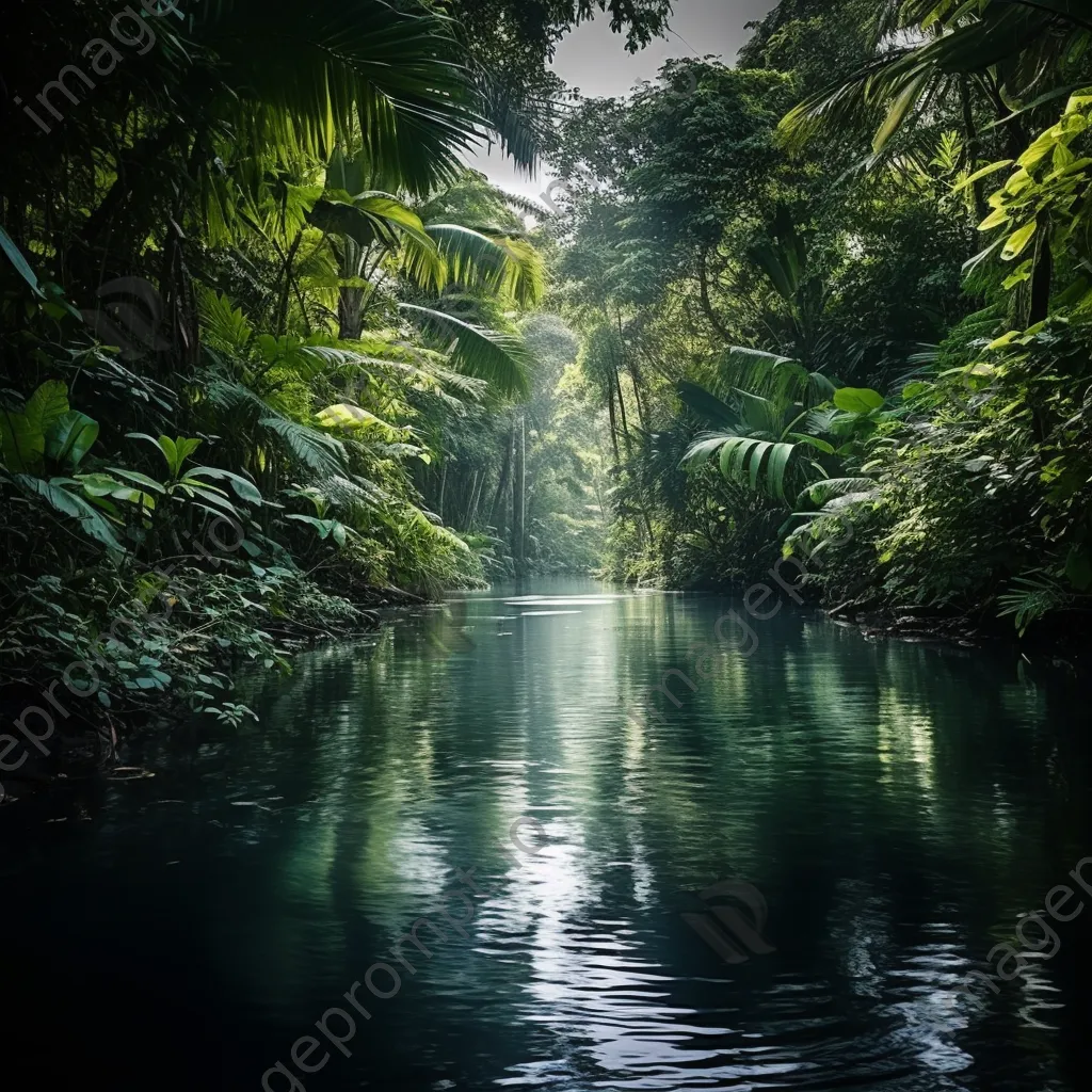 Serene jungle river with reflections of foliage - Image 1