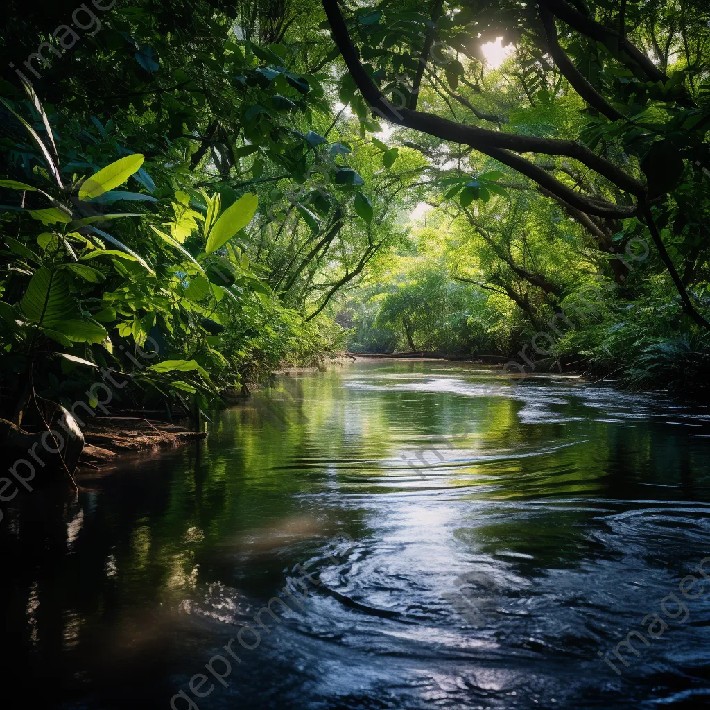 Serene jungle river with reflections of foliage - Image 2