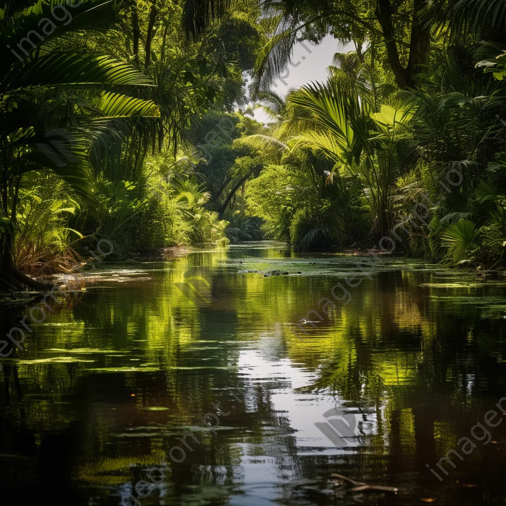 Serene jungle river with reflections of foliage - Image 3