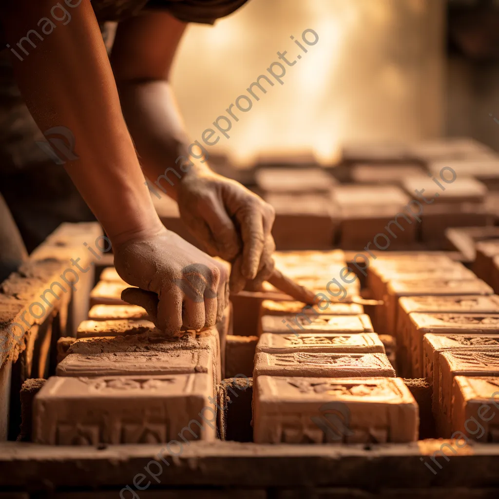 Hands filling traditional brick molds with clay - Image 2