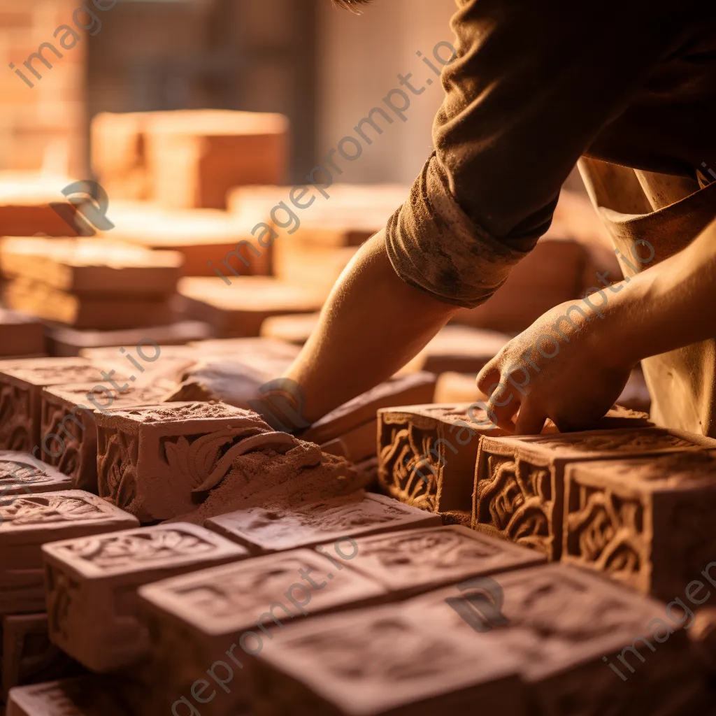 Hands filling traditional brick molds with clay - Image 4