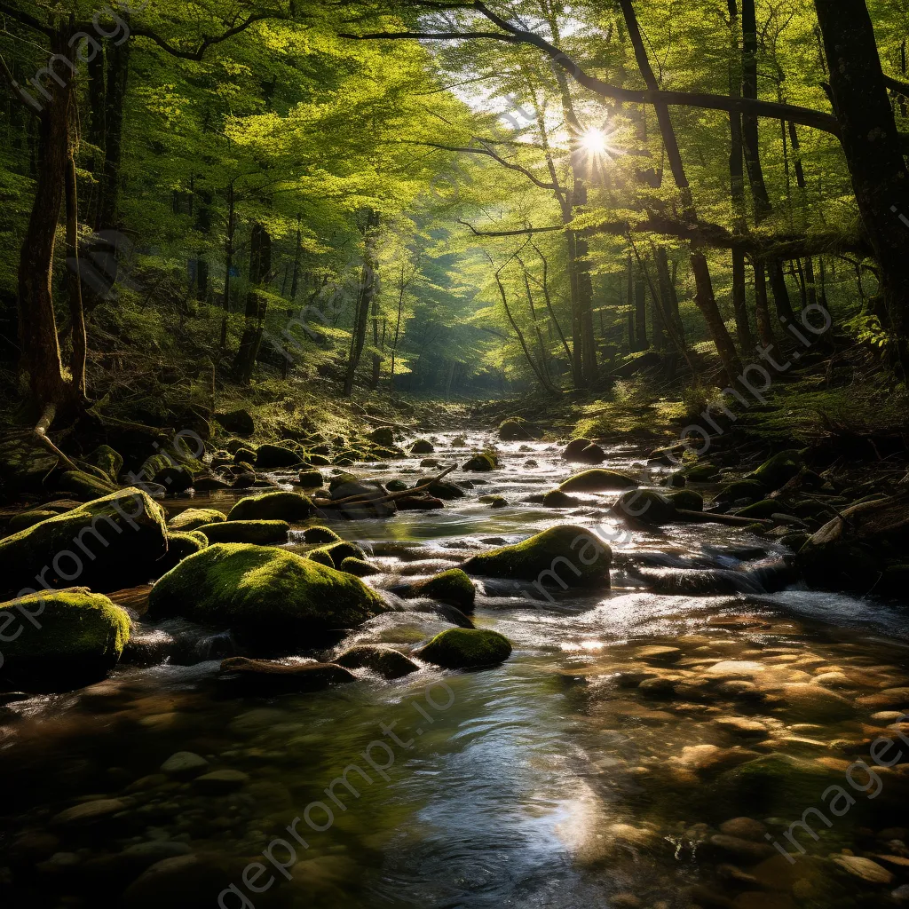 Tranquil mountain stream flowing through a green forest with soft sunlight. - Image 1