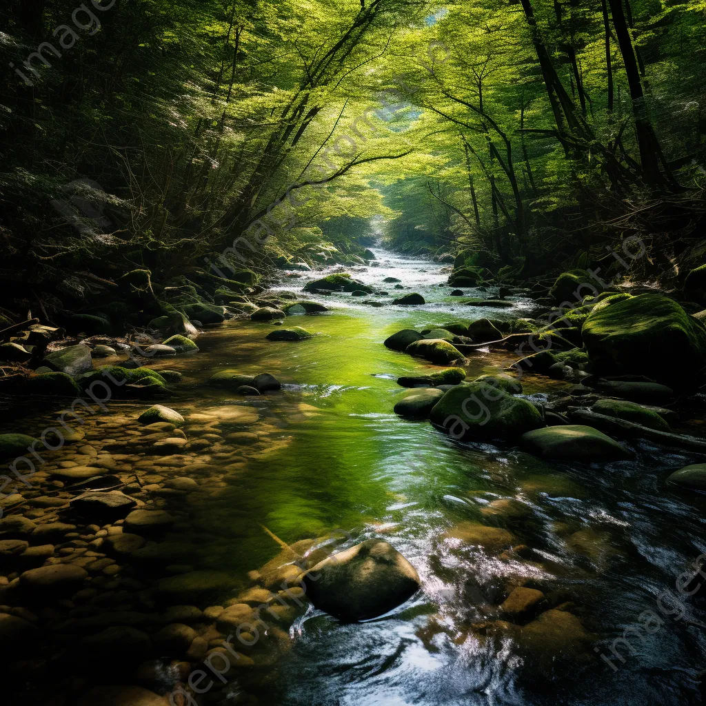 Tranquil mountain stream flowing through a green forest with soft sunlight. - Image 2