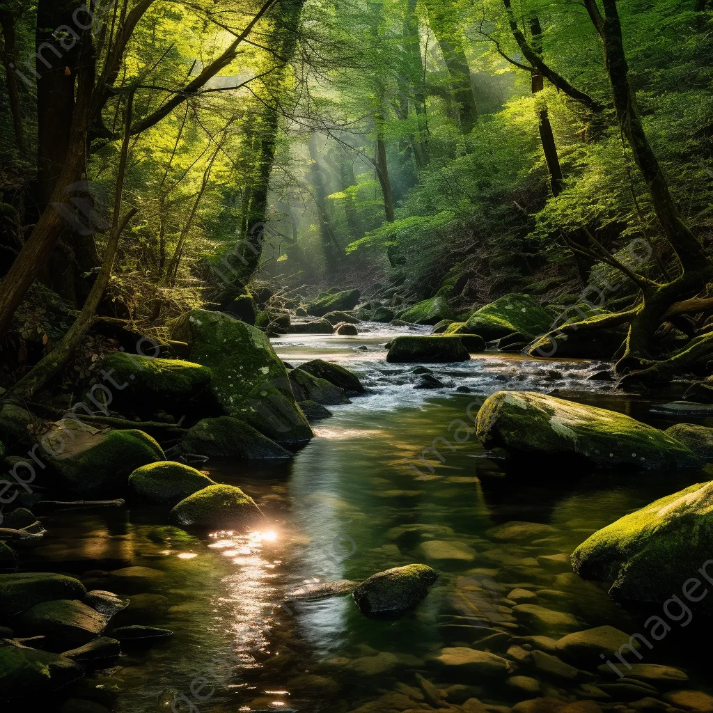 Tranquil mountain stream flowing through a green forest with soft sunlight. - Image 3