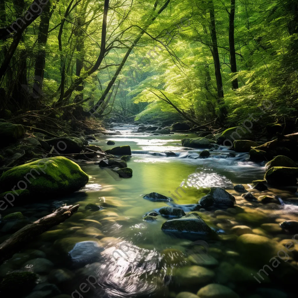 Tranquil mountain stream flowing through a green forest with soft sunlight. - Image 4