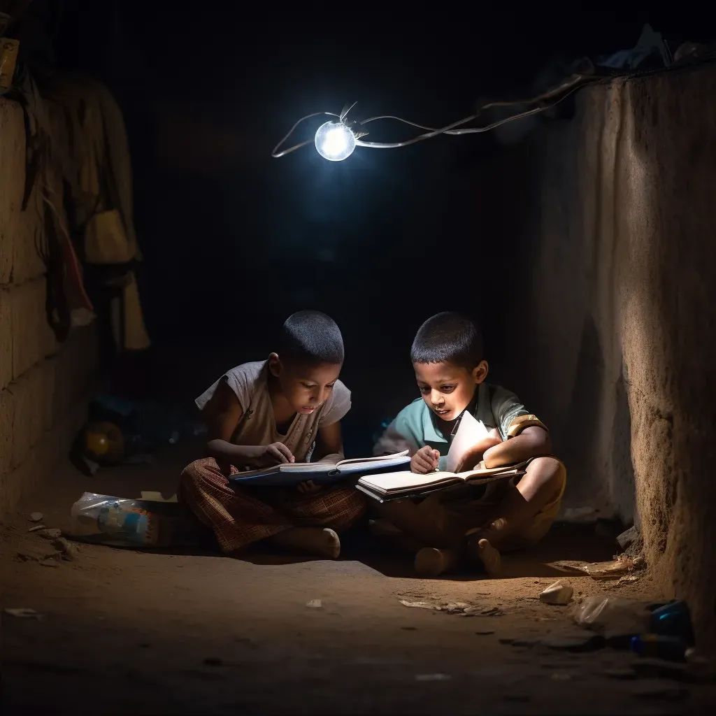 Children studying under street lamp at night depicting access to education challenge - Image 2