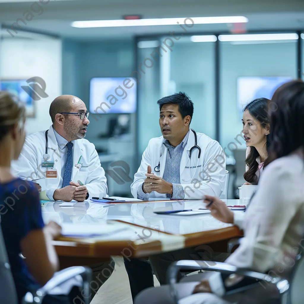 Diverse healthcare professionals in a conference room discussing patient care. - Image 1