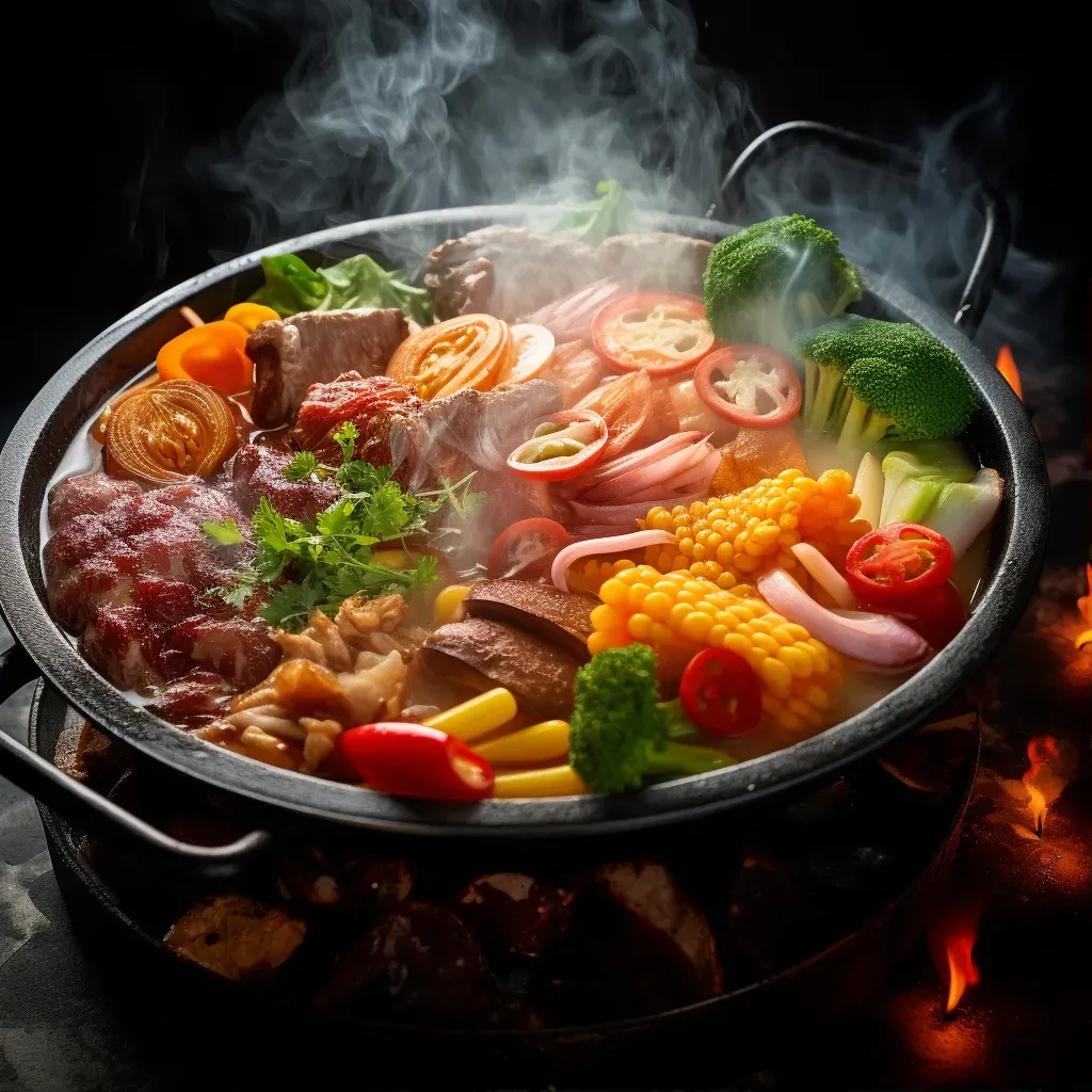 Sizzling hot pot with assorted vegetables and meat, shot on Nikon Z6 II - Image 1