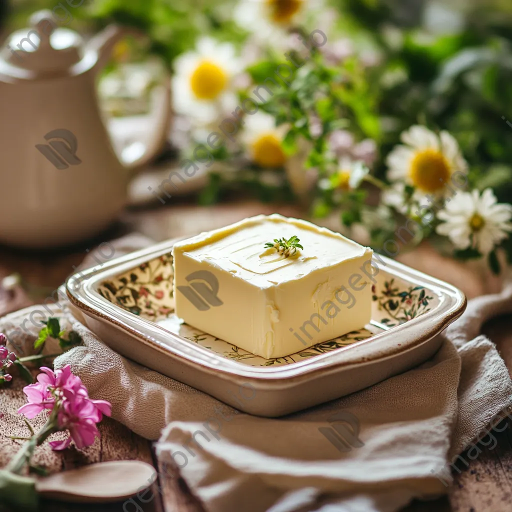 Butter dish filled with homemade butter on a rustic table with flowers and natural light - Image 2