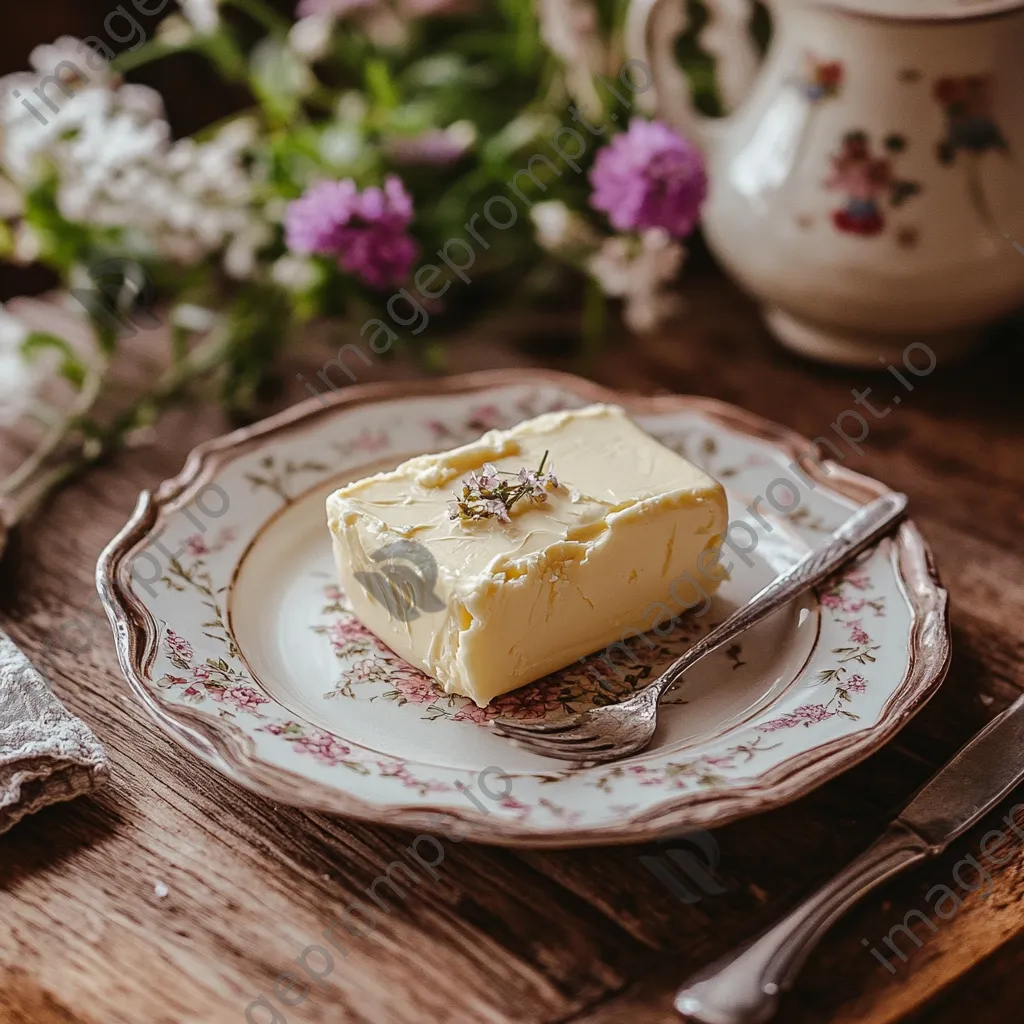 Butter dish filled with homemade butter on a rustic table with flowers and natural light - Image 4