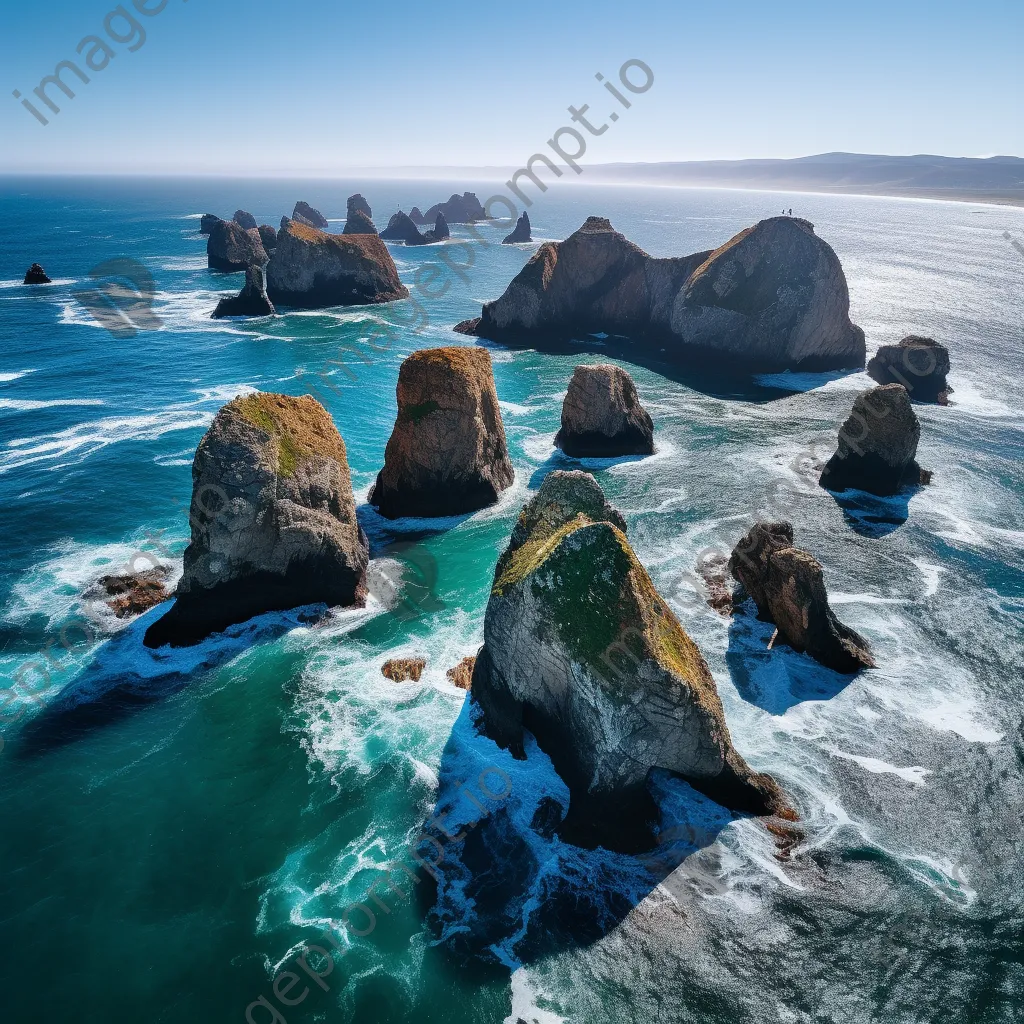 Aerial view of sea stacks and turquoise water - Image 1