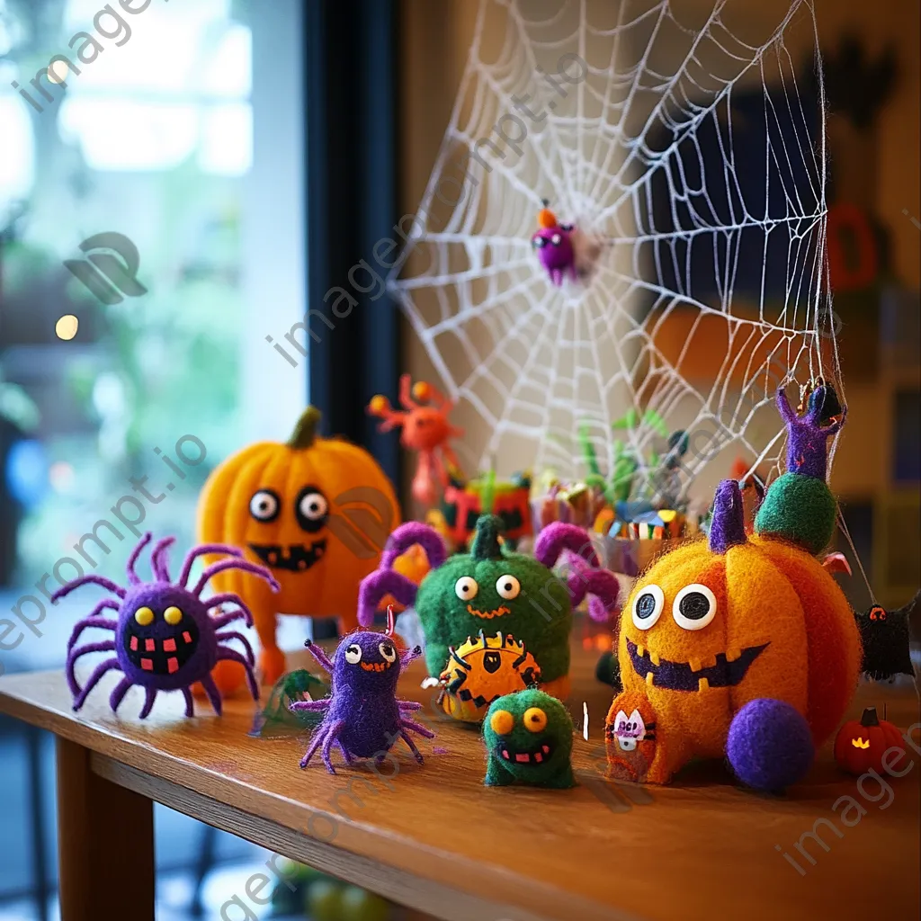 Whimsical Halloween crafts corner with spider webs and decorations - Image 1