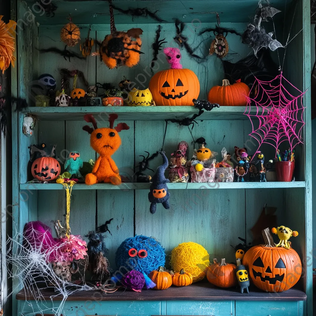 Whimsical Halloween crafts corner with spider webs and decorations - Image 3