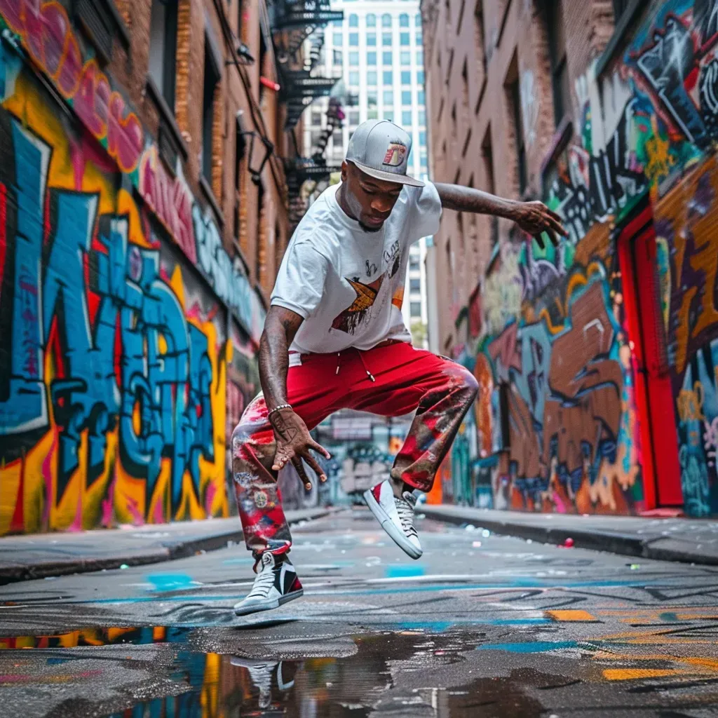 Hip-hop dancer performing in a graffiti-covered alley. - Image 4