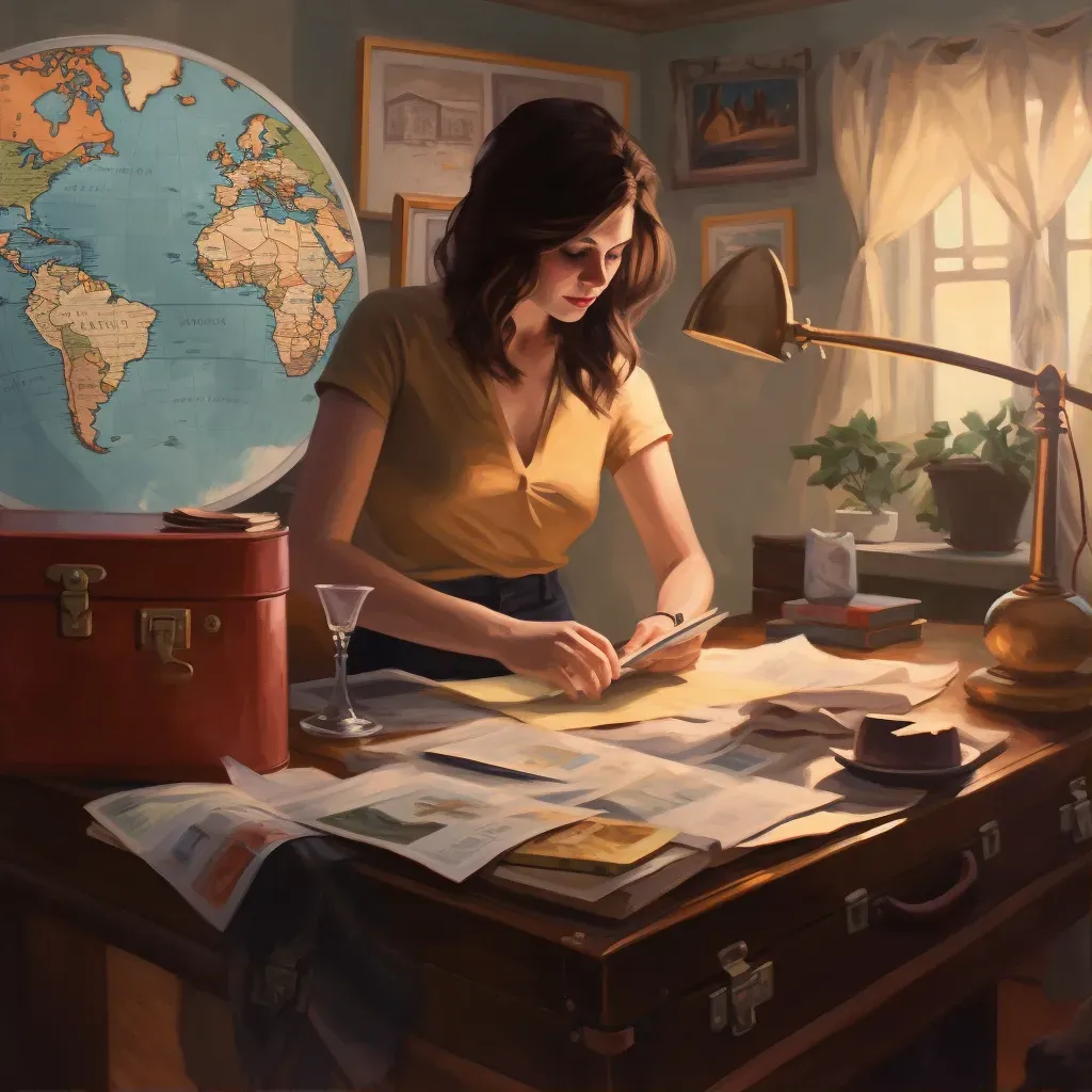 Artistic depiction of woman packing suitcase with world map background - Image 1