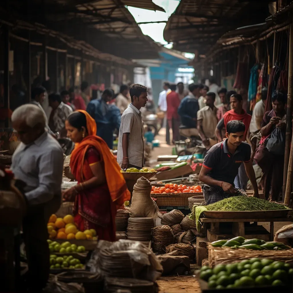 Busy marketplace in a small town with people selling fresh produce and handicrafts - Image 1