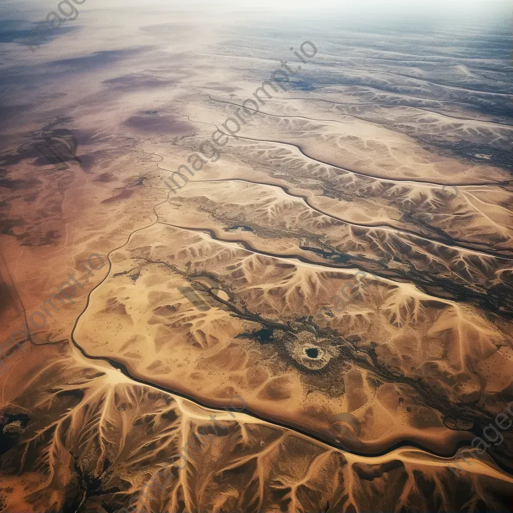 Desert landscape with winding roads seen from airplane window in aerial shot - Image 1