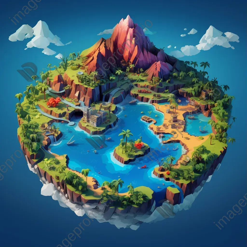 Isometric view of a low poly tropical island surrounded by bright blue ocean - Image 1