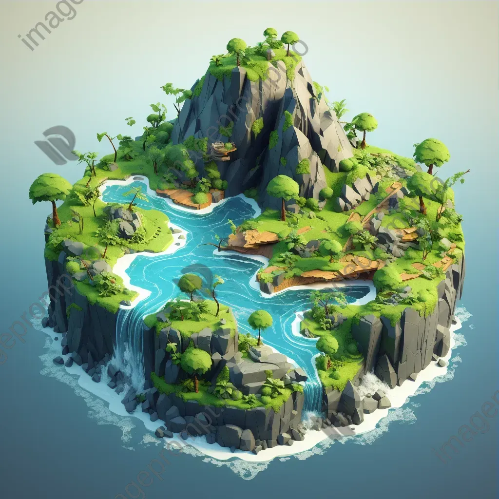 Isometric view of a low poly tropical island surrounded by bright blue ocean - Image 3