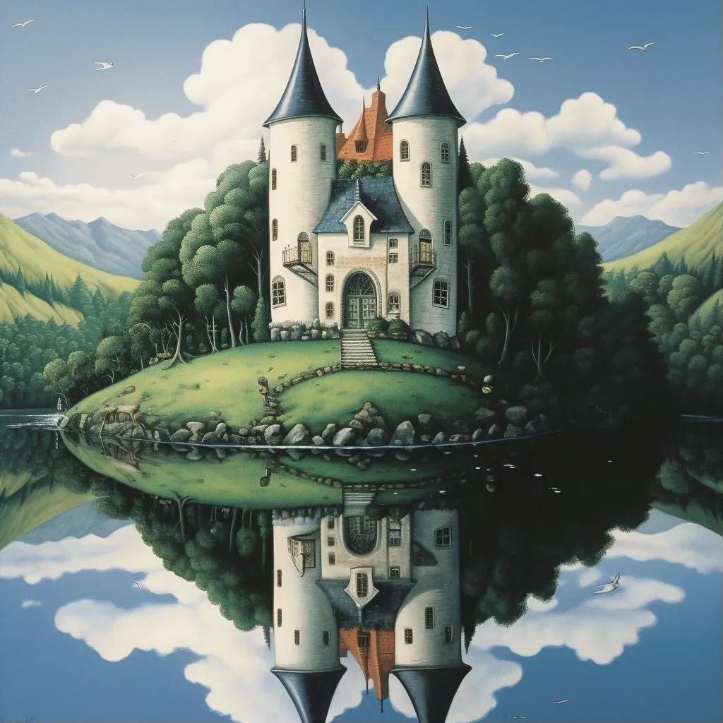 Image of a grand castle reflected as a humble cottage on a hill - Image 1