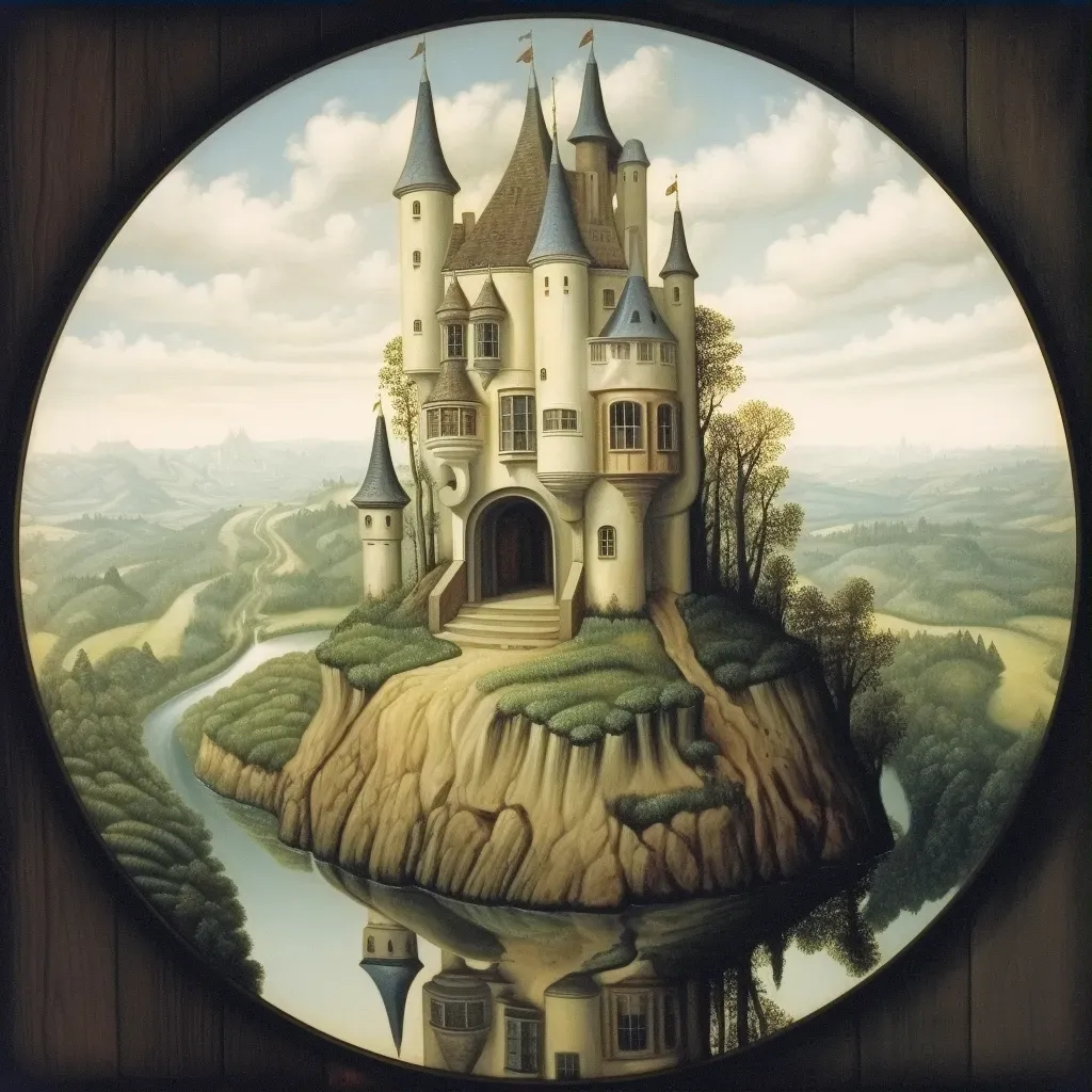 Image of a grand castle reflected as a humble cottage on a hill - Image 3