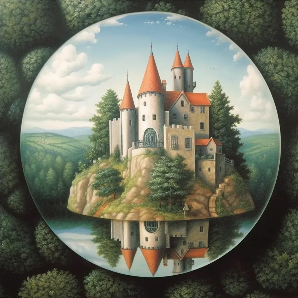 Image of a grand castle reflected as a humble cottage on a hill - Image 4