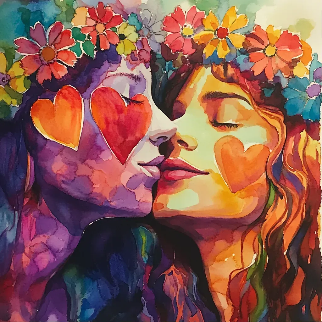 Watercolor painting of a colorful 1970s hippie love-in - Image 1