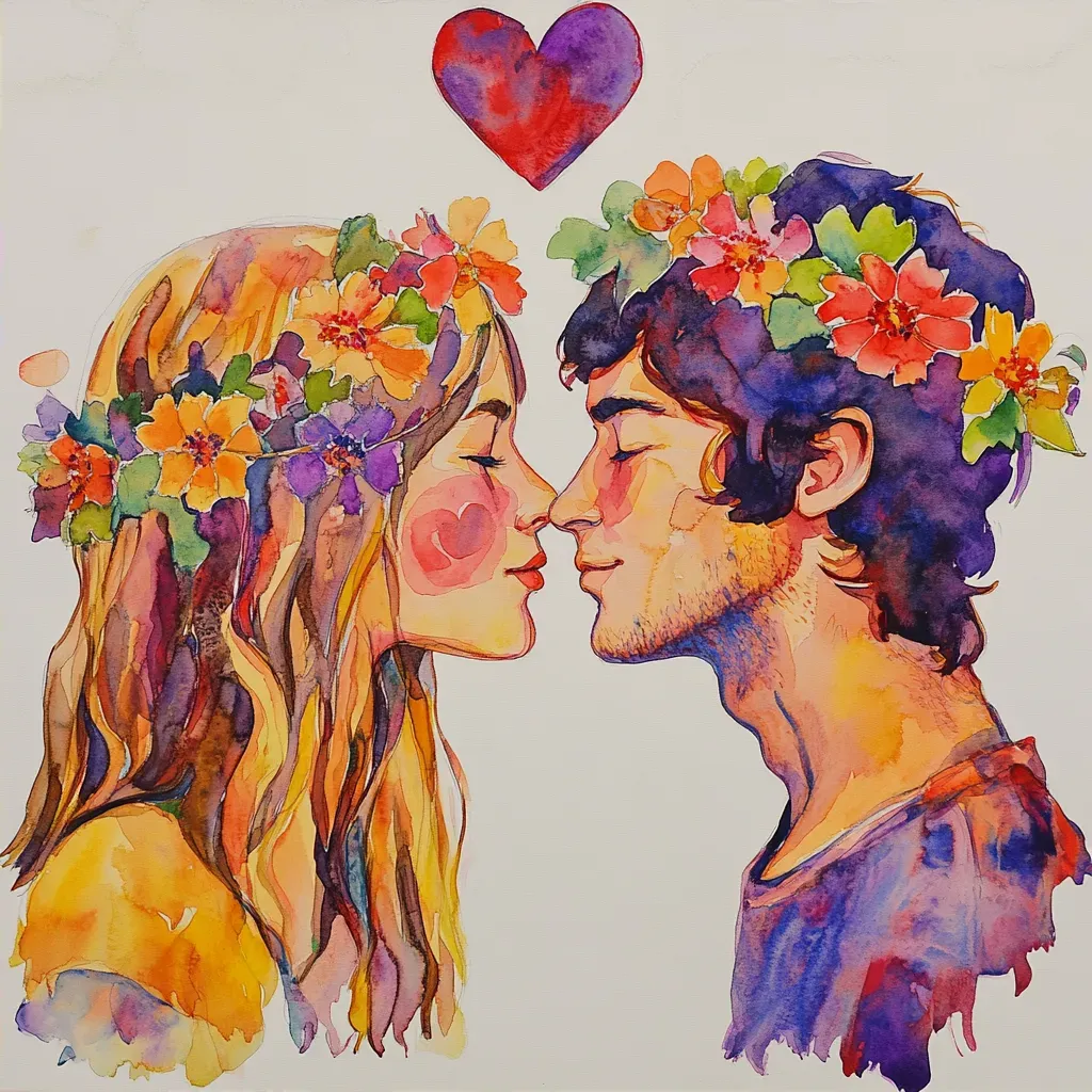 Watercolor painting of a colorful 1970s hippie love-in - Image 2