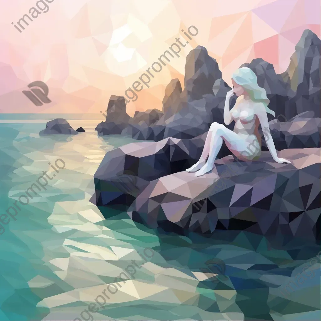 Low-poly portrayal of a mermaid resting on coastal rocks - Image 1