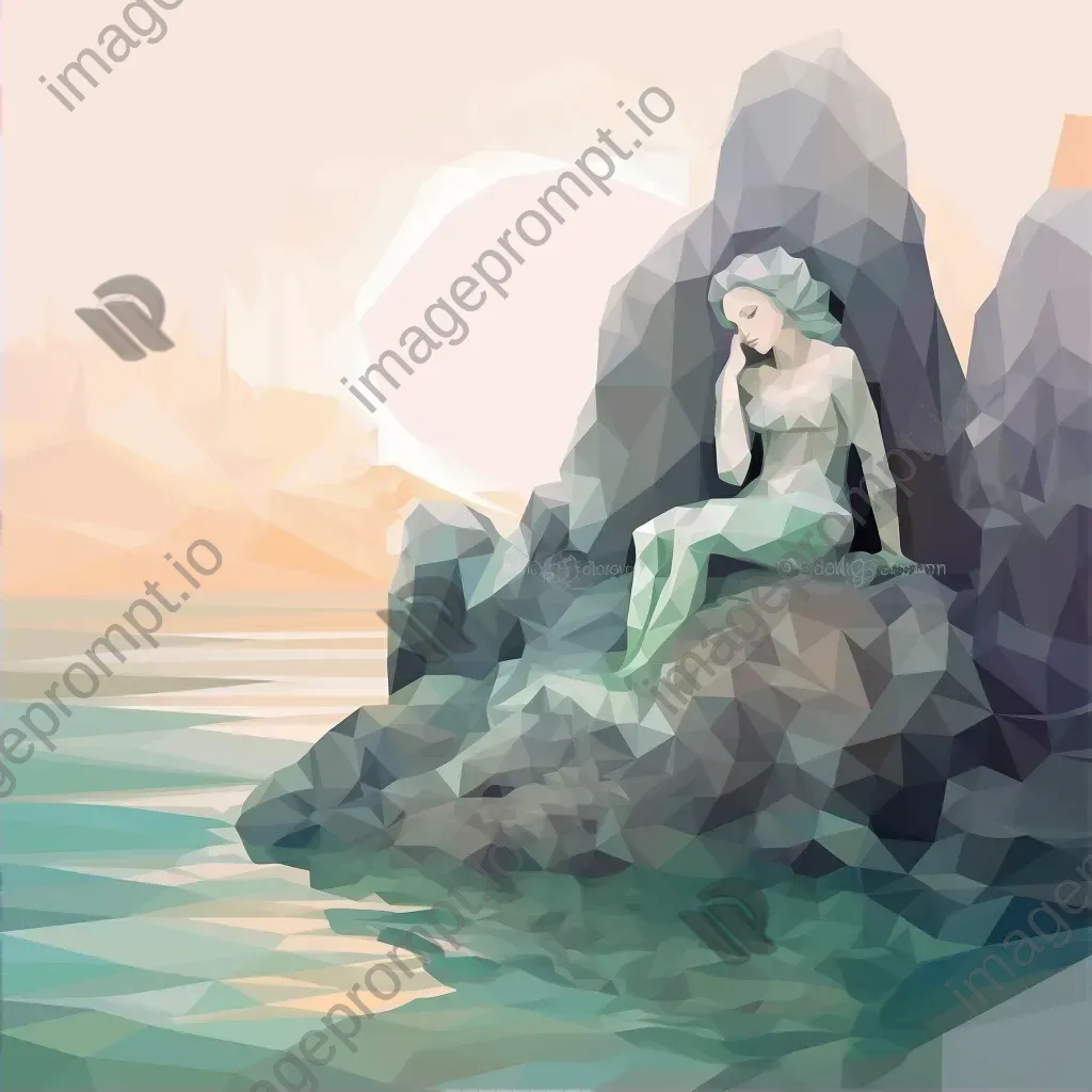 Low-poly portrayal of a mermaid resting on coastal rocks - Image 2