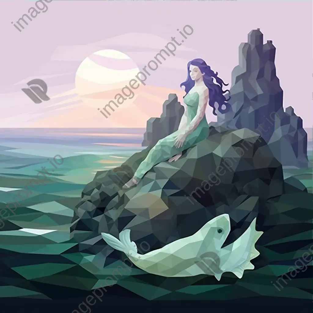 Low-poly portrayal of a mermaid resting on coastal rocks - Image 3