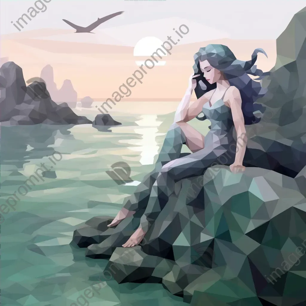 Low-poly portrayal of a mermaid resting on coastal rocks - Image 4