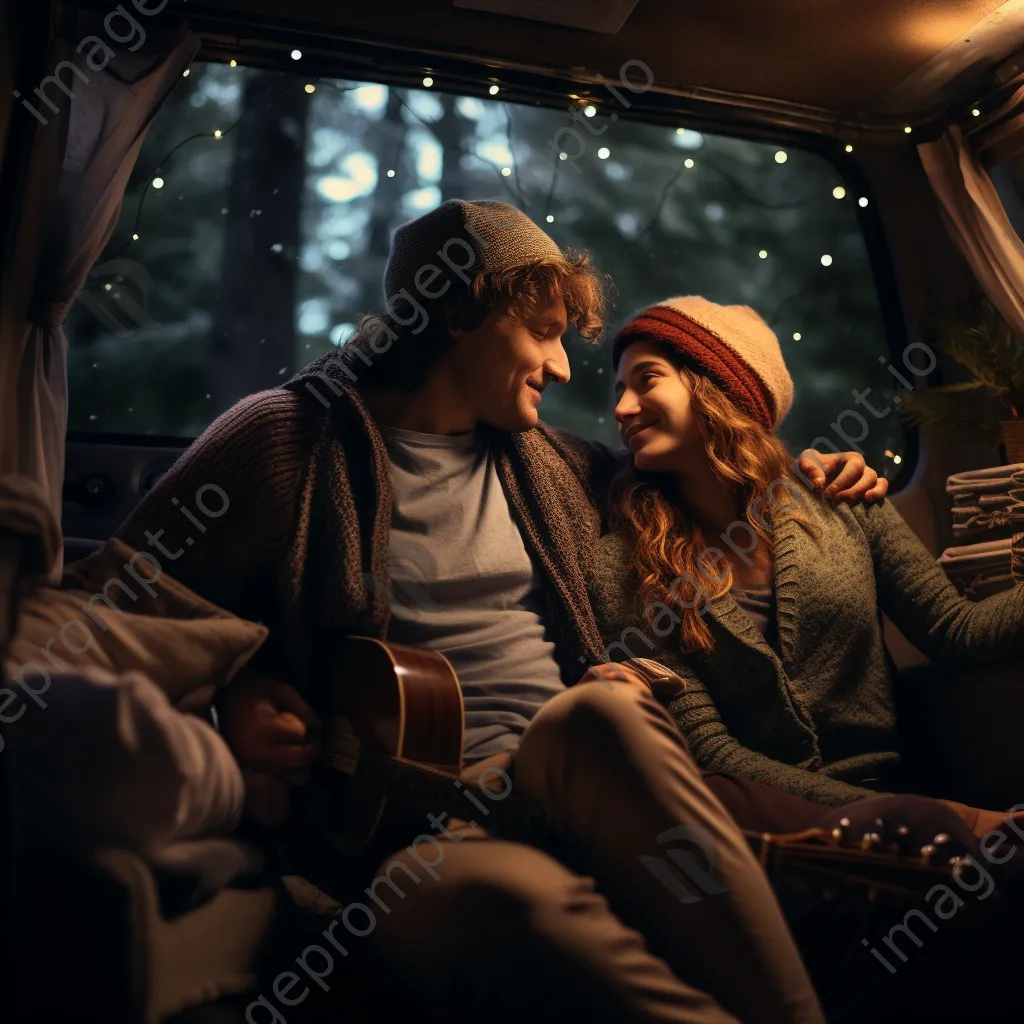 Couple watching a movie inside their van at a camping site - Image 1