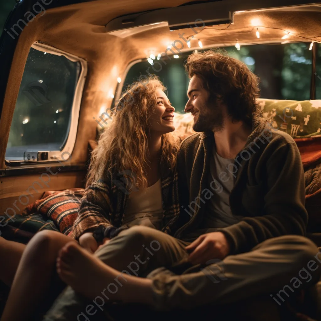 Couple watching a movie inside their van at a camping site - Image 2