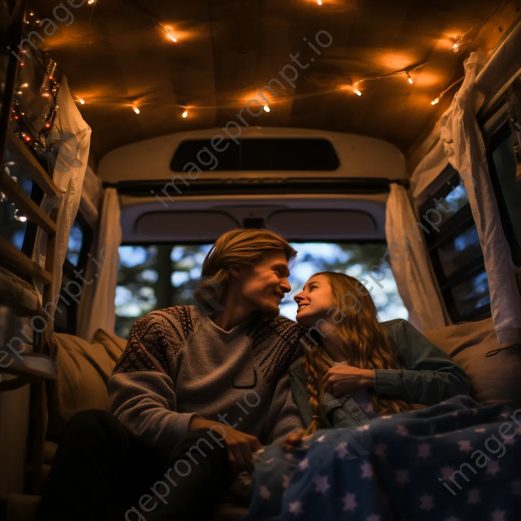 Couple watching a movie inside their van at a camping site - Image 3