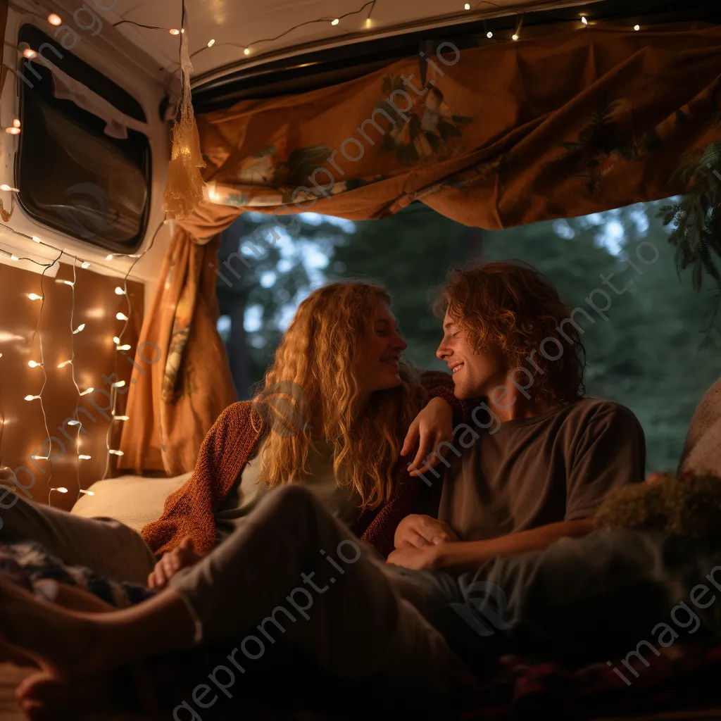 Couple watching a movie inside their van at a camping site - Image 4