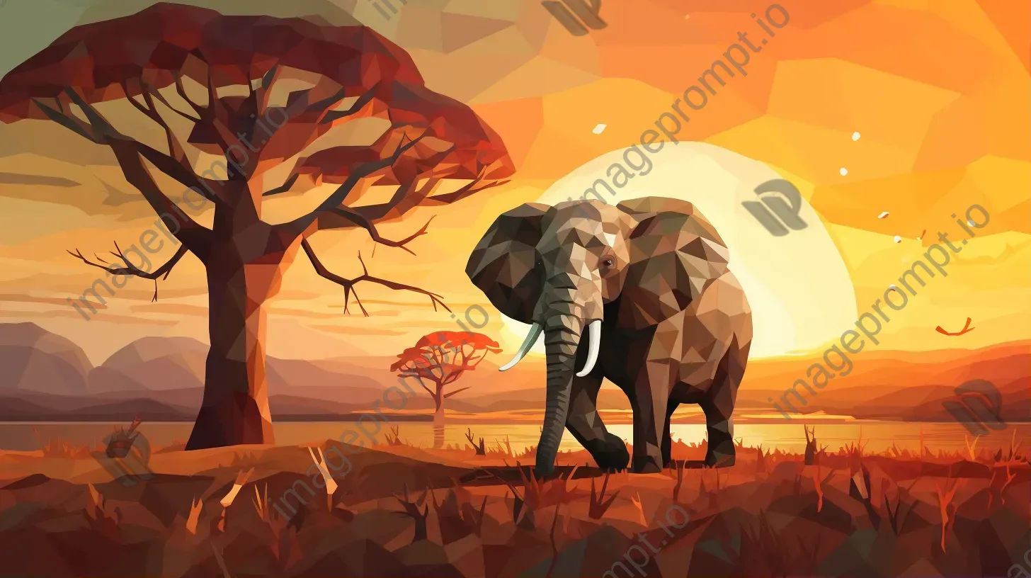 Geometric representation of an elephant in a sunlit savanna - Image 1